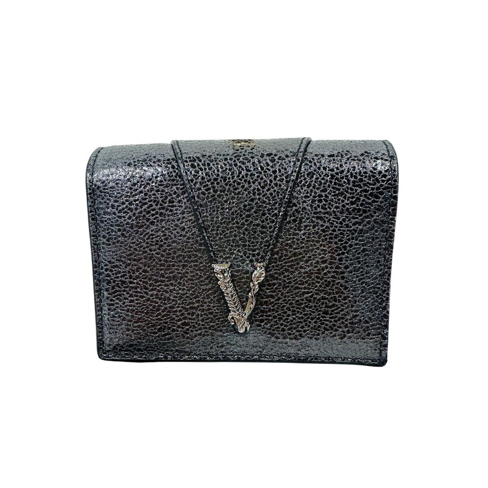NWT Versace Bifold V Virtus Logo Leather Wallet Metallic Black Grey $625